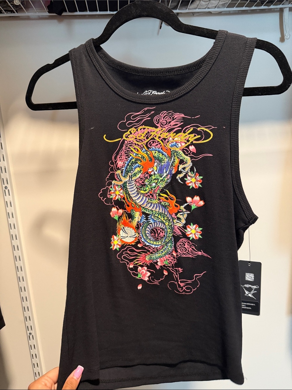 Ed Hardy Black Tank Top with Multicolor Dragon Graphic